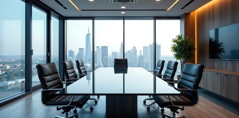 A sleek and modern office space featuring a glass conference table, leather chairs, and a large window with a city skyline view, perfect for a corporate background,  business,  collaboration