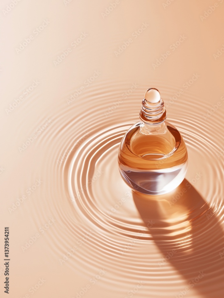 Poster close-up of a small glass perfume bottle with a round cap. the bottle is placed on a light peach-col