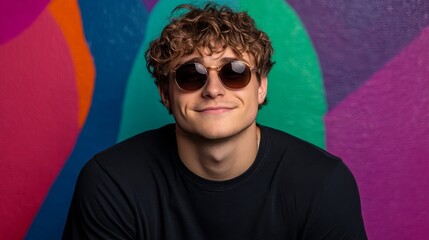 Fototapeta premium Confident young man with curly hair stands in front of vibrant street art, showcasing a plain black oversized shirt while wearing trendy sunglasses