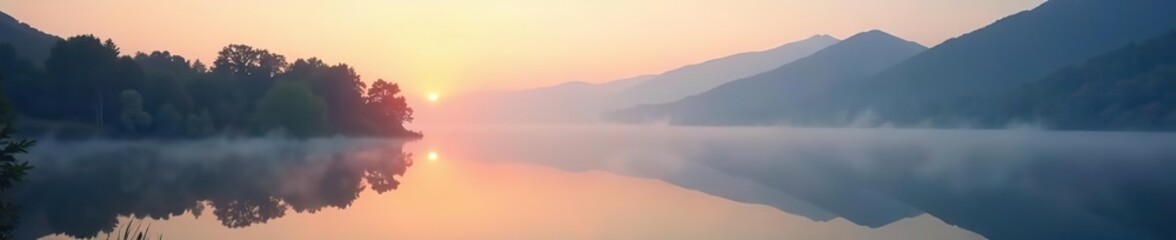 Fototapeta premium Foggy morning on a mountain lake during sunrise, with tranquil scenery, mist over water, reflection, peaceful ambiance, serene landscape, lake, serene