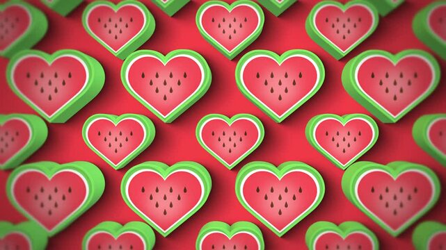 A fun fruity themed looping background with a pattern of colorful Water Melon 3D heart shaped candy sweets.