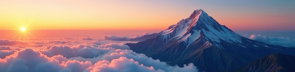 Fototapeta premium A stunning aerial view of a picturesque mountain peak bathed in the warm glow of the setting sun, with fluffy clouds below, peaceful, landscape