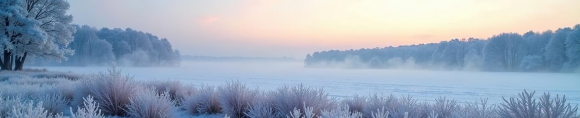 Obraz premium Frost-covered landscape with morning mist and distant forest view under cold sky, frozen, trees