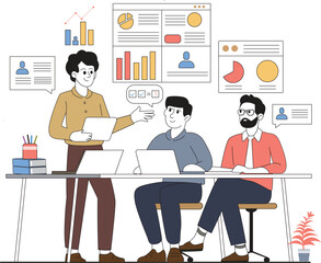 Team meeting and presentation, Business people working together in an office