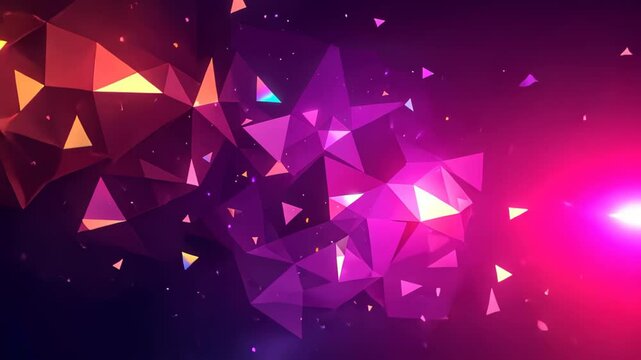 Glowing triangular patterns in neon shades of purple, orange, and green, continuous rotation and glowing edges of the triangles