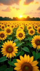 Fototapeta premium A field of vibrant sunflowers stretching towards the sun, creating a golden sea of petals and green leaves, green, botanical