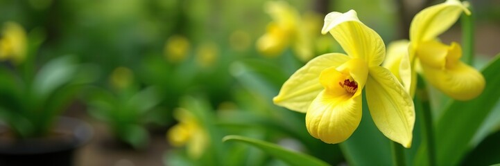 Close-up of yellow and white Paphiopedilum orchids with green leaves in a vibrant garden setting,  garden,  nature