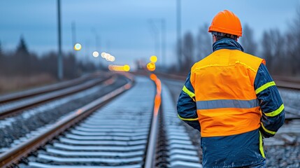 A worker in safety gear observes railway tracks at dusk, highlighting the importance of safety in the transportation industry.