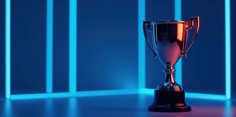 Futuristic champion trophy gleaming on blue neon backdrop,  shiny,  blue