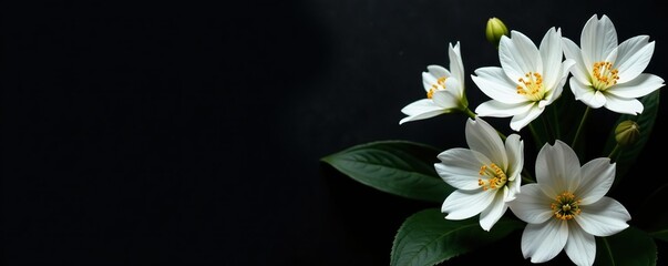 Obraz premium Elegant display of white flowers on a striking black backdrop, stylish, arrangement