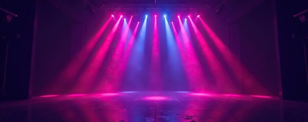 Futuristic laser light show on dark stage backdrop,  bright colors,  lasers