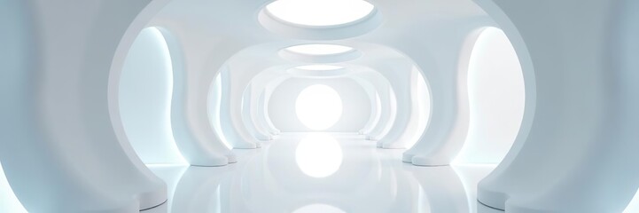 Obraz premium Futuristic white interior with abstract shapes and hidden lights in perspective, future, abstract shape