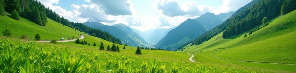 Fototapeta premium Alpine green meadow in the Caucasus Mountains on a warm summer day, Svaneti valley, grasslands, nutritious diet, valley, nutritious diet