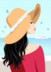 1552_Young woman with black, wavy hair, dressed in a straw hat and a red dress, standing on the shore of the sea