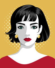 1549_Vector illustration of beautiful woman with shiny black hair wearing red dress