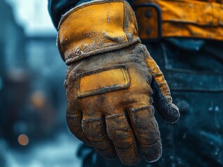 Close-up of a worker's hand wearing rugged yellow leather gloves for cold weather protection in an industrial outdoor setting