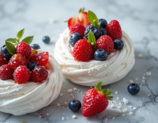 Delicious meringue desserts topped with fresh berries and mint on a marble surface in bright lighting