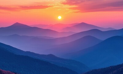 Obraz premium Mountain Sunrise Panorama, Majestic Sunset, Misty Peaks, Peaceful Landscape