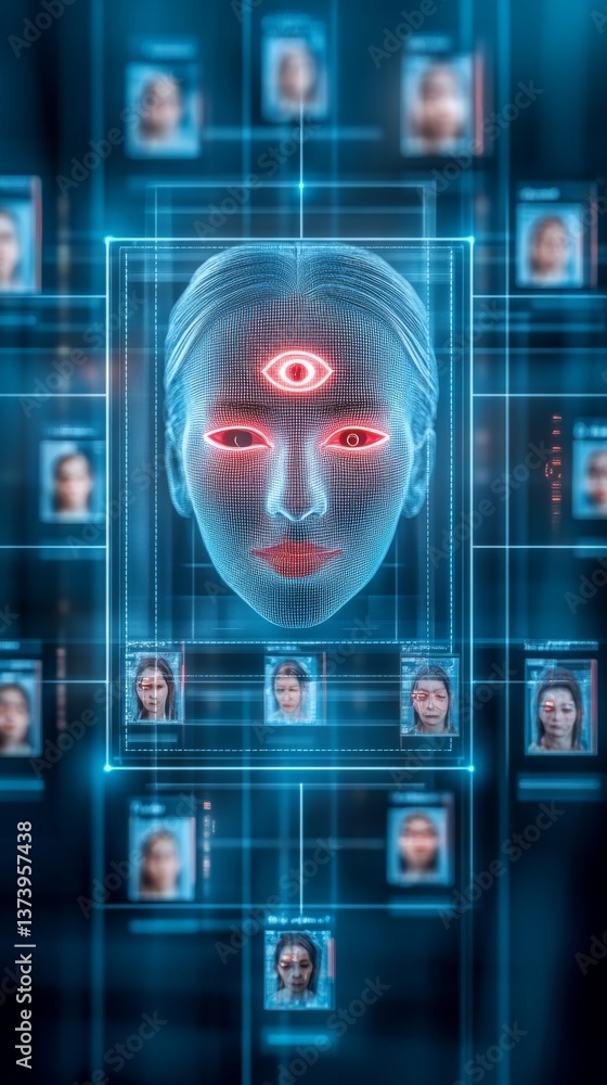 Poster facial recognition technology displaying advanced biometric capabilities in a futuristic interface
