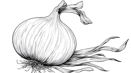 Hand-drawn onion illustration with roots and leaves  