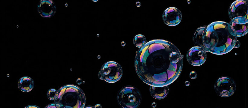 Bright soap bubbles of different sizes reflecting light in dark space, perfect for creative backgrounds and visual effect