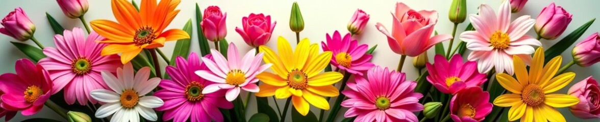 Naklejka premium A vibrant and lively bouquet of various colorful flowers including roses, daisies, tulips, and lilies, bright, cheerful