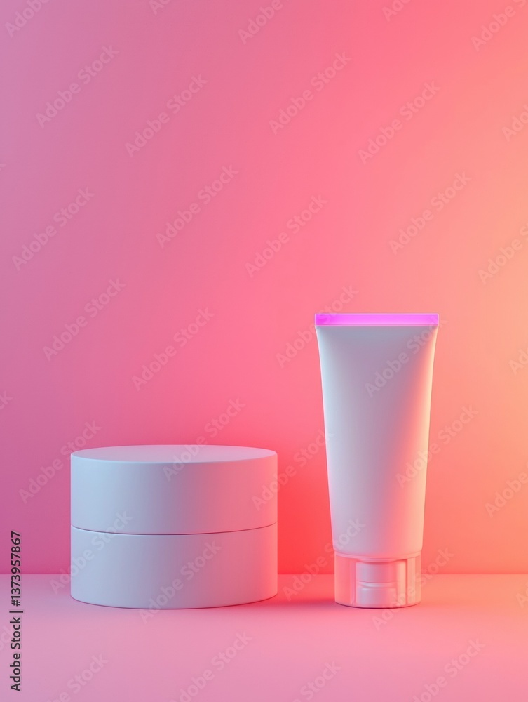 Poster two objects on a pink and orange background. on the left side, there is a round white box with a lid