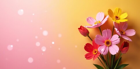 Obraz premium Bouquet of pink, yellow, red flowers on pink, yellow background with light bloom, yellow, celebration