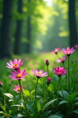 Fototapeta premium A vibrant cluster of Black Knapweed wild flowers blooming in a lush forest setting during summer, summer, meadow