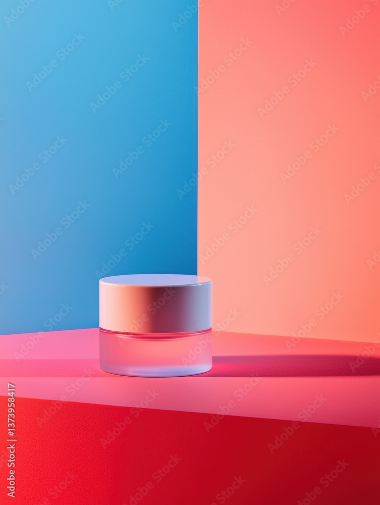 Poster 3d rendering of a round, white jar with a pink lid on a red surface. the jar is placed in the center