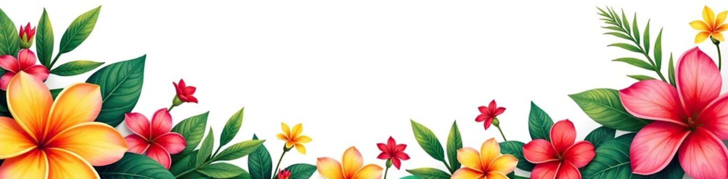 Fototapeta Bright and colorful tropical hawaiian summer flowers creating a vibrant border on a white background, tropical,  colorful