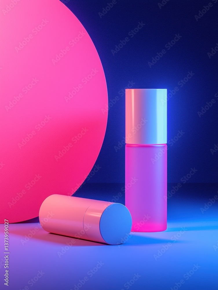 Poster 3d rendering of a pink and blue abstract background. on the left side of the image, there is a large