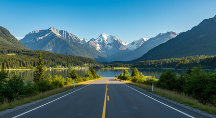 Fototapeta premium Scenic Road Leading to Majestic Mountains with a Serene Lake and Forest