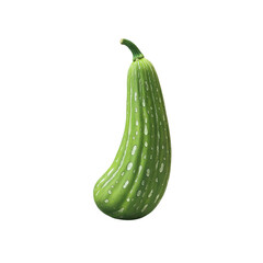 A vibrant green gourd features two long, curved segments and is presented cut out, showcasing its transparent interior against a neutral backdrop.