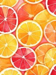 A colorful watercolor illustration featuring an assortment of sliced citrus fruits, including oranges and grapefruits, arranged in a vibrant pattern.