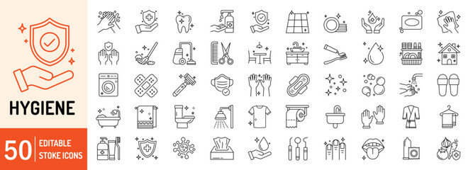 Hygiene collections editable stroke outline web icons set. Hygiene, clean, soap, washing hands, disinfecting, shower, sanitation, bathing and more... Vector illustration