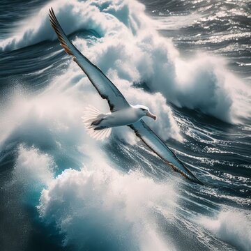 Photograph an albatross gliding above crashing waves wings paral