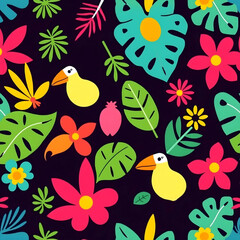 Fototapeta premium Jungle Jubilee, A Darkly Vibrant Bird and Blossom Pattern