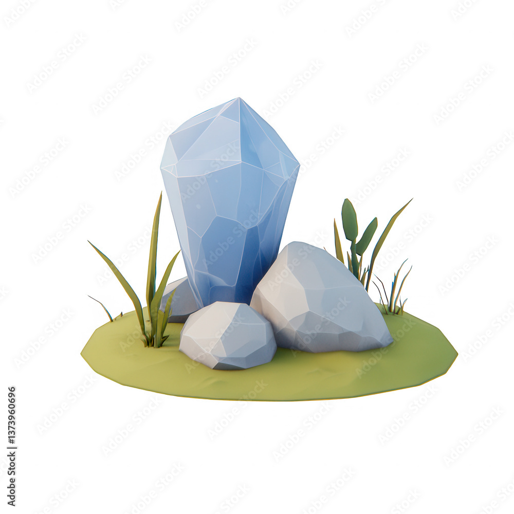 Poster a stylized representation of geometric rocks and greenery, showcasing a unique blend of nature and a