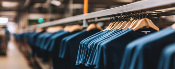 collection of neatly arranged blue shirts on hangers in modern retail environment, showcasing organized display that highlights quality and style of garments