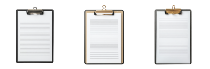 Set of three clipboards with lined paper for office school home use writing pads note taking organization  transparent background