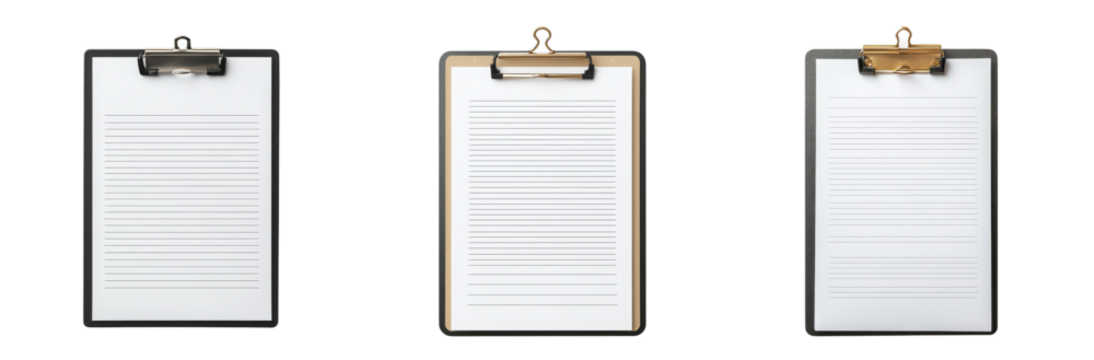 Set of three clipboards with lined paper for office school home use writing pads note taking organization  transparent background