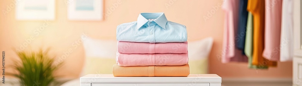 Poster a neatly folded stack of colorful shirts on a table, with a soft background featuring clothing hangi
