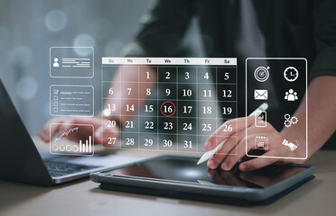 Businessman manage business schedule for efficient work. Virtual screen planner calendar. Work...