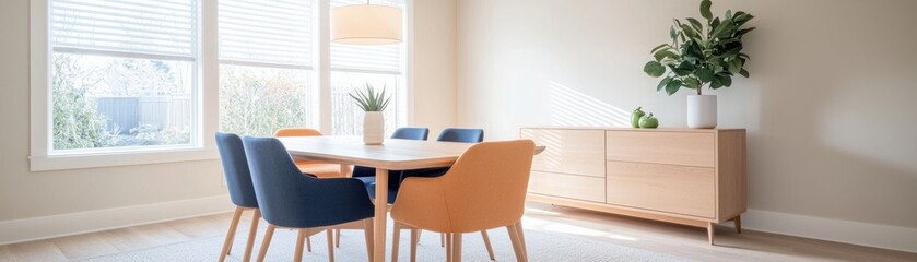 Fototapeta premium Modern dining area featuring a wooden table, colorful chairs, and natural light from large windows, complemented by decorative plants.