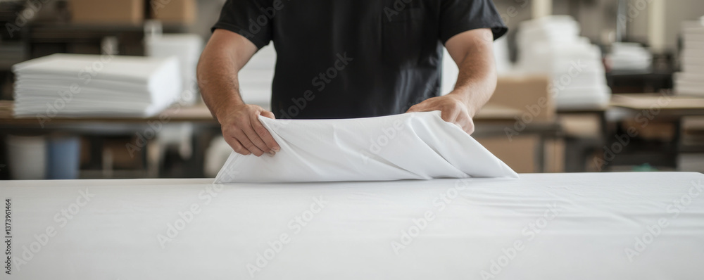 Poster worker is carefully folding white fabric sheet on clean table in textile workshop, showcasing attent