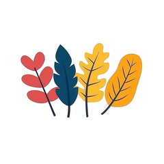 A vibrant collection of stylized leaves in various colors including red, blue, yellow, and green, set against a white isolated background, perfect for decorative designs.