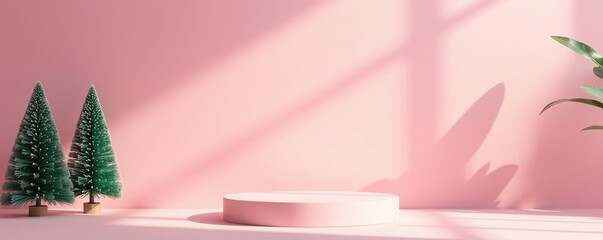 Clean, minimalistic product photography background with podium, pastel pink wall, and Christmas tree shadows,  wall,  minimalistic