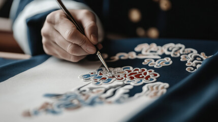 skilled artisan carefully hand paints intricate details onto premium fabric, showcasing beauty of traditional craftsmanship and artistry. vibrant colors and delicate patterns reflect dedication