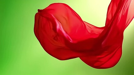 Floating Red Fabric Slow Motion on Green Background for Fashion Visuals - Powered by Adobe
